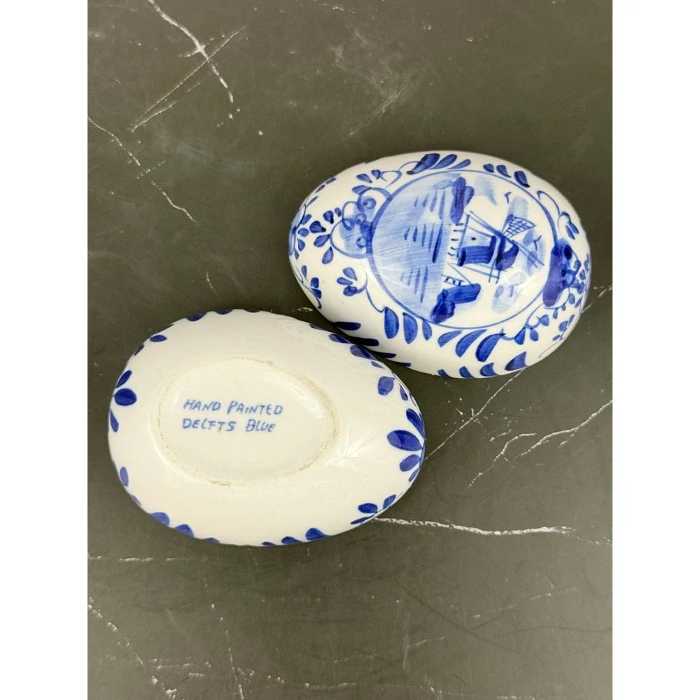 VTG Hand Painted Delfts Blue Holland Ceramic Blue White Windmill Egg Trinket Box